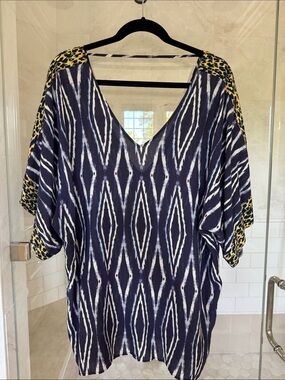Women's Navy Ikat V-Neck Swim Coverup with Animal Print Accent